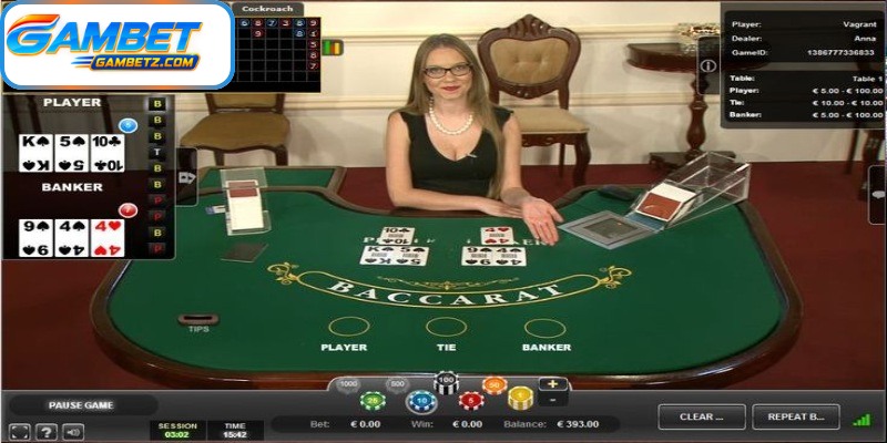 A baccarat round starts with the system dealing cards to Player and Banker.